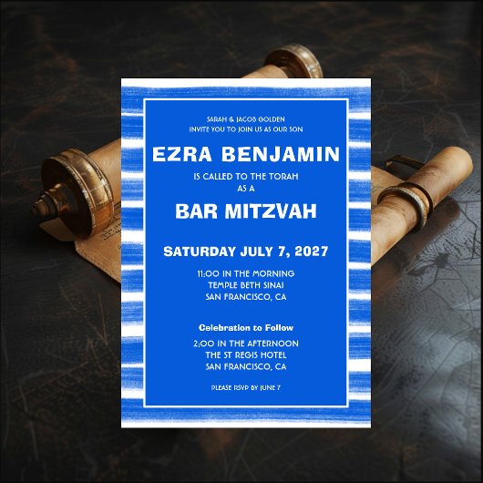 Pinselstriche Streifen Blue Custom Bar Bat Mitzvah Einladung