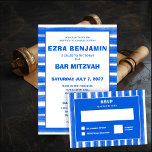 Pinselstriche Streifen Blue Custom Bar Bat Mitzvah Einladung<br><div class="desc">Perfekte Karte, um eine Fledermausmitzvah, Bar mitzvah oder andere jüdische Feier anzukündigen! Handgemachte abstrakte Kunst mit lockeren Pinselstrichen für Sie auf der Vorder- und Rückseite! Vollständig anpassbar! Klicken Sie auf "Personalisieren" oben, um den Text zu bearbeiten. Klicken Sie auf "Bearbeiten mit dem Design-Tool", um die Schriftart, Farben und Platzierungen anzupassen...</div>