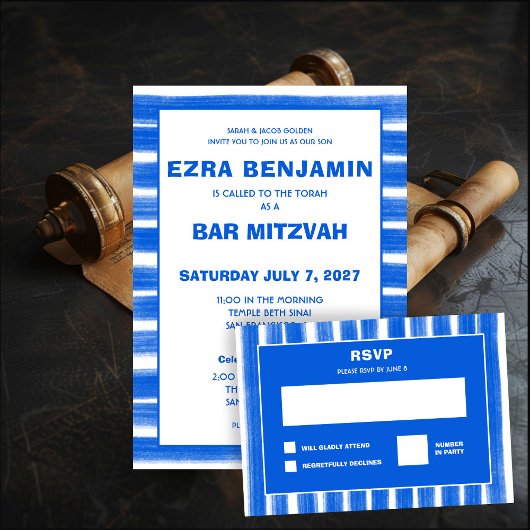 Pinselstriche Streifen Blue Custom Bar Bat Mitzvah Einladung