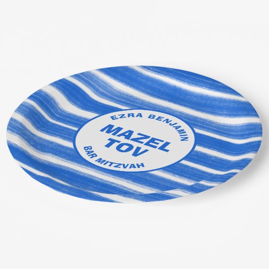 Pinselstriche Streifen Blue Custom Bar Bat Mitzvah Pappteller (Schrägansicht)
