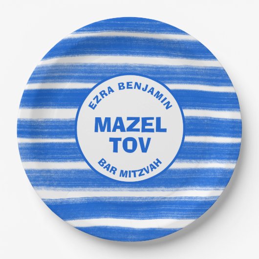 Pinselstriche Streifen Blue Custom Bar Bat Mitzvah Pappteller (Vorderseite)