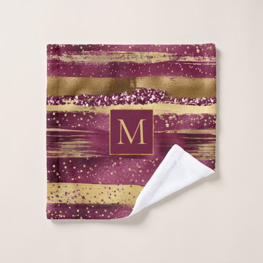 Pinselstriche und Monogramme aus Burgund und Gold Badhandtuch Set (Waschlappen)
