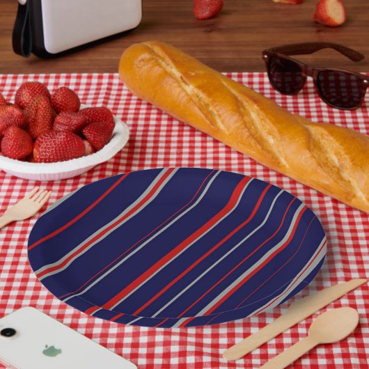 Pinstreifen, rot, Marine, grau Pappteller (Picknick)
