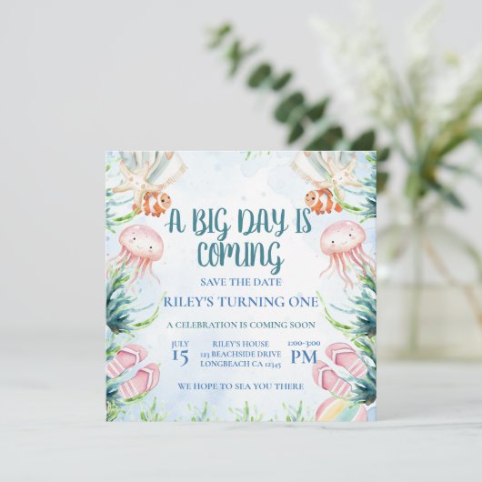Pintable First Birthday Save the Date Ocean (Stehend Vorderseite)