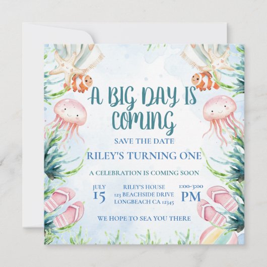 Pintable First Birthday Save the Date Ocean (Vorderseite)