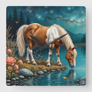 Pinto drinking water under the stars quadratische wanduhr