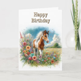Pinto Horse Foal und Wildblumen Happy Birthday Karte