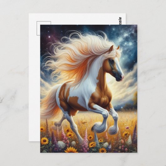Pinto Horse in Flower Meadow Postkarte (Vorne/Hinten)