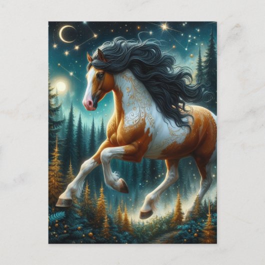 Pinto Horse in Magical Night Forest Postkarte (Vorderseite)