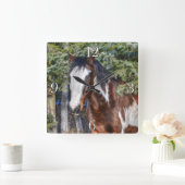Pinto Paint Stallion & Evergreen Trees Quadratische Wanduhr (Zuhause)