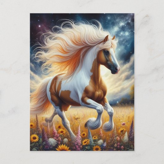 Pinto Pferd in Blume Wiese Postkarte (Vorderseite)