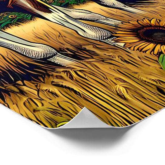 Pinto Pferd in einem Sonnenblumenfeld Poster (Ecke)