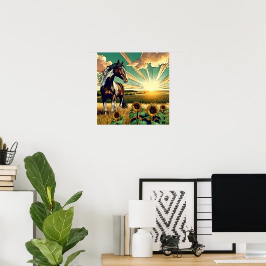 Pinto Pferd in einem Sonnenblumenfeld Poster (Heimbüro)