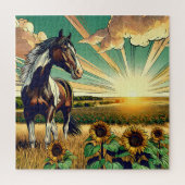 Pinto Pferd in einem Sonnenblumenfeld Puzzle (Vertikal)
