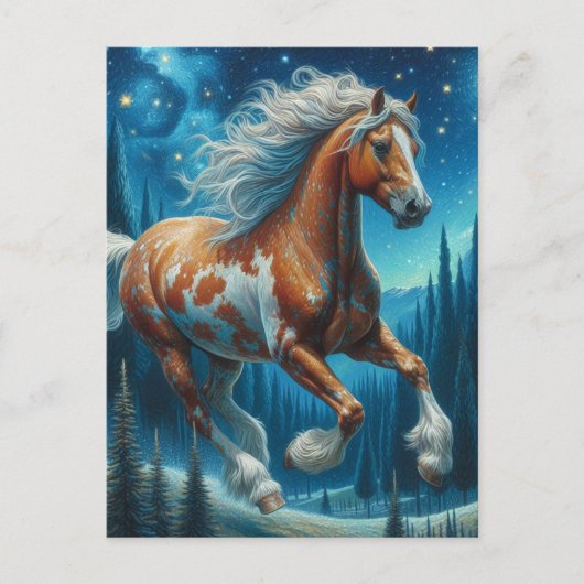 Pinto Pferd in Van Gogh Starry Night Forest Postkarte (Vorderseite)