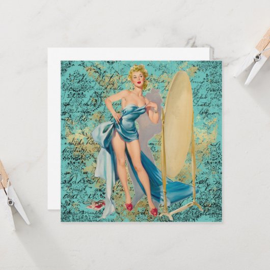 Pinup Girl in Mirror Blank Greeting Card Karte (Vorderseite/Rückseite Beispiel)