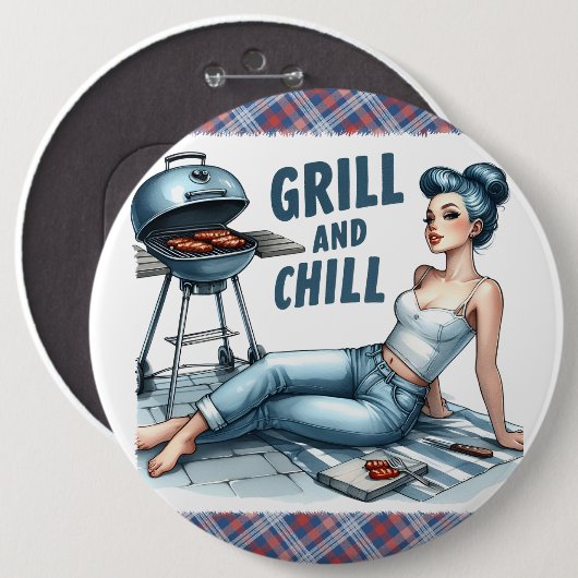Pinup Lady Grill & Chill Pinback Buttons Humorvoll (Vorne & Hinten)