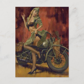 PINUP MÄDCHEN UND MOTORRAD. POSTKARTE