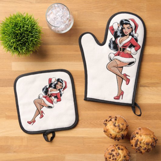 Pinup Santa Babe Ofenhandschuh & Topflappen-Set (Oben Unten)