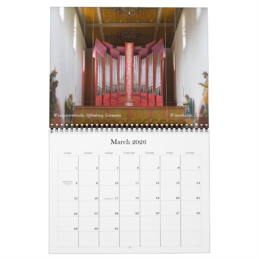Pipe Organs Alter und Neuer horizontaler Kalender (Mär 2026)