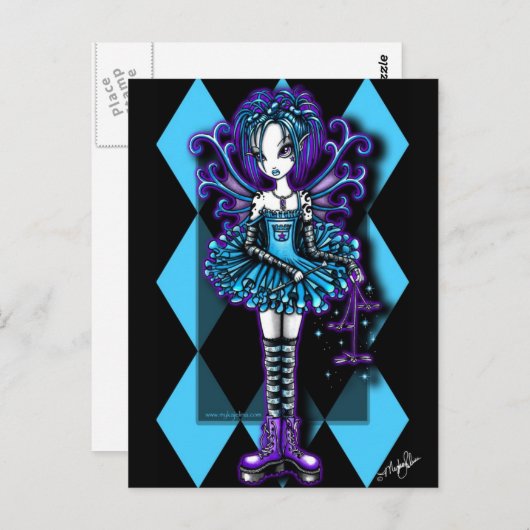 "Piper" Harlequin Aquamarin Dragonfly Fairy Postca Postkarte (Vorne/Hinten)