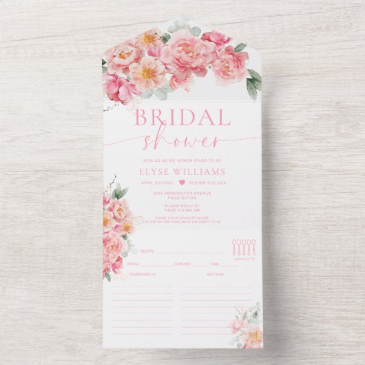 Piper Peony Floral Brautparty Rezept All In One Einladung (Innen Boden)