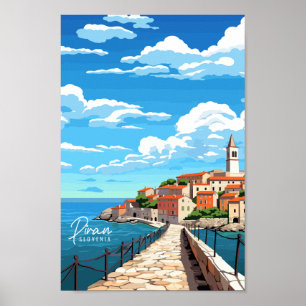 Piran Slovenien Vintage Place Illustration Poster