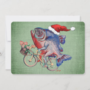 Piranha fährt Fahrrad und trägt Weihnachtsmannmütz Feiertagskarte