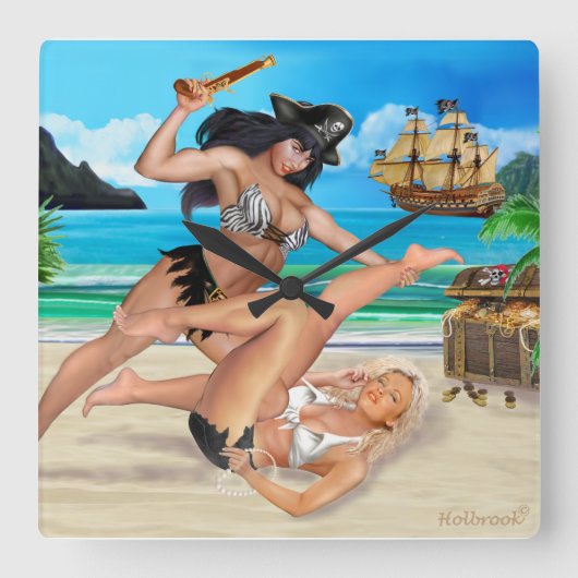 PIRAT GIRLS CATFIGHT QUADRATISCHE WANDUHR (Vorderseite)