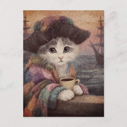 Pirat Katze mit einem Kaffee Postkarte (Vorderseite)