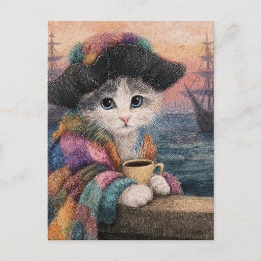 Pirat Katze mit einem Kaffee Postkarte (Vorderseite)