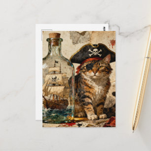 Pirat Kitty mit einem Schiff in einer Flasche Postkarte