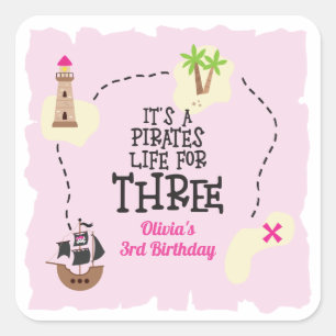 Pirat Leben für DREI mir Pink Geburtstag Quadratischer Aufkleber