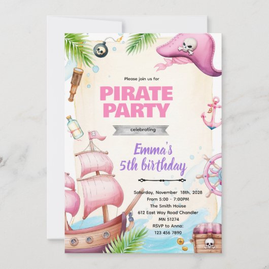 Pirat Mädchen Geburtstag Thema Einladung (Vorderseite)