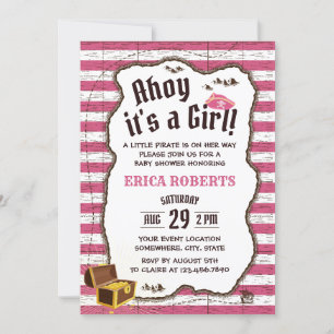 Pirat Mädchen Rosa Streifen Abenteuerkarte Baby Sh Einladung