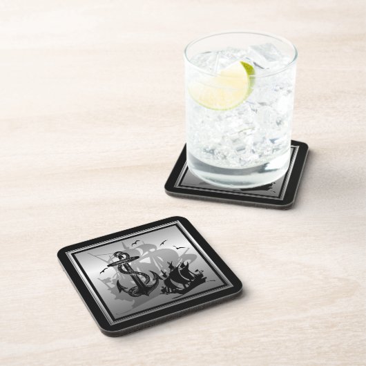 Pirat Ship & Anchor Black Silhouette Coasters 2 Untersetzer (Rechte Seite)
