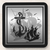 Pirat Ship & Anchor Black Silhouette Coasters 2 Untersetzer (Vorderseite)