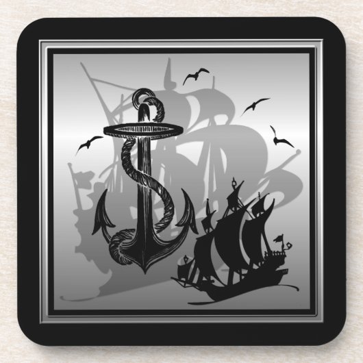 Pirat Ship & Anchor Black Silhouette Coasters 2 Untersetzer (Vorderseite)