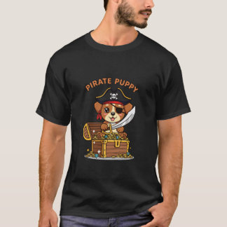 Pirat Welpe Hund mit Schatztruhe Halloween T-Shirt