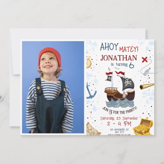Pirate Birthday Ahoy Pirate Boy Party mit Foto Einladung (Vorderseite)