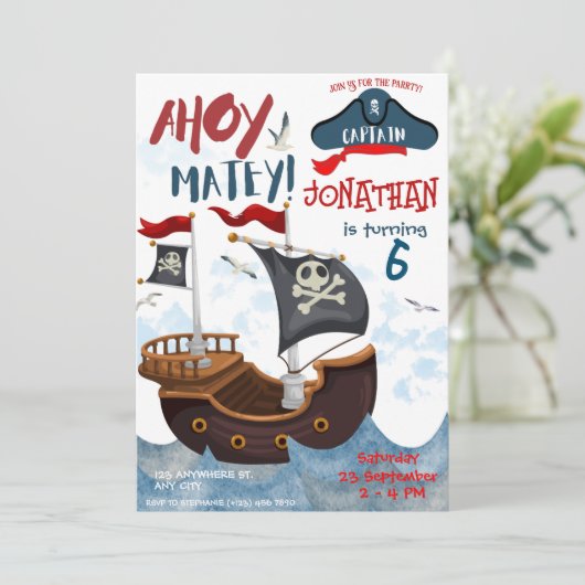 Pirate Birthday Party Watercolor Einladung (Stehend Vorderseite)