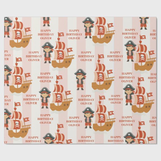 Pirate Birthday | Red Ship & Captain Geschenkpapier (Flach)