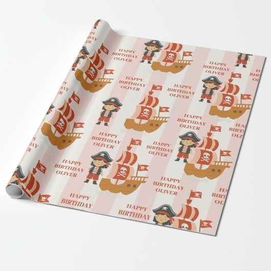 Pirate Birthday | Red Ship & Captain Geschenkpapier (Ungerollt)