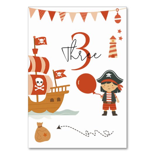 Pirate Birthday | Red Ship & Captain Tischnummer (Vorderseite)