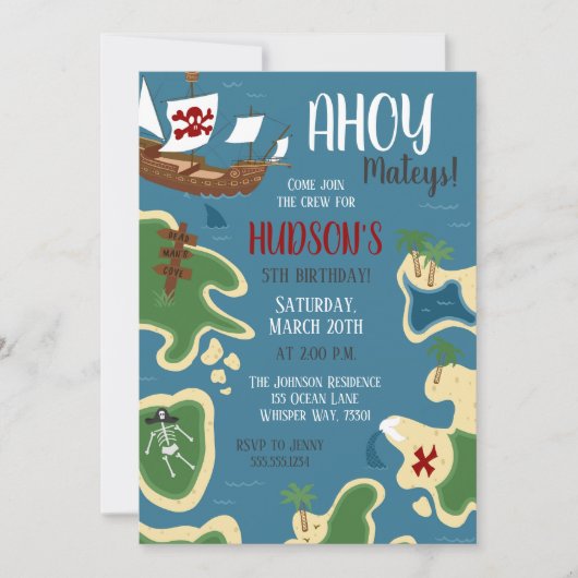 Pirate Birthday Treasure Map Blue Einladung (Vorderseite)