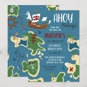 Pirate Birthday Treasure Map Blue Einladung