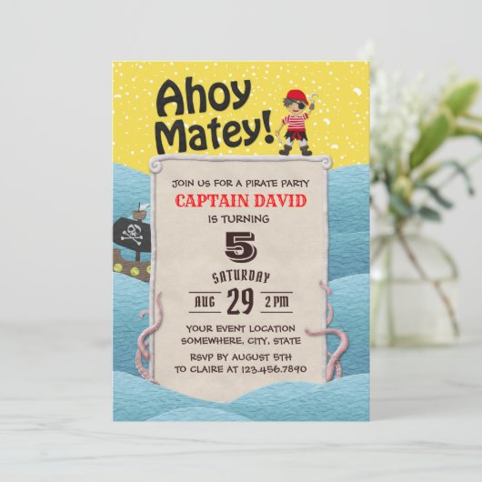 Pirate Boy Octopus Ahoy Matey Birthday Party Einladung (Stehend Vorderseite)
