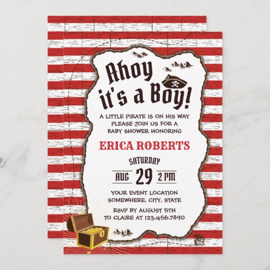 Pirate Boy Red Stripes Adventure Map Kinderdusche Einladung (Vorne/Hinten)