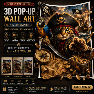 Pirate Cat Abenteuer 3D Pop-Up Wandkunst Poster