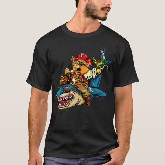Pirate Cat Riding Pirate Shark Halloween T-Shirt (Vorderseite)